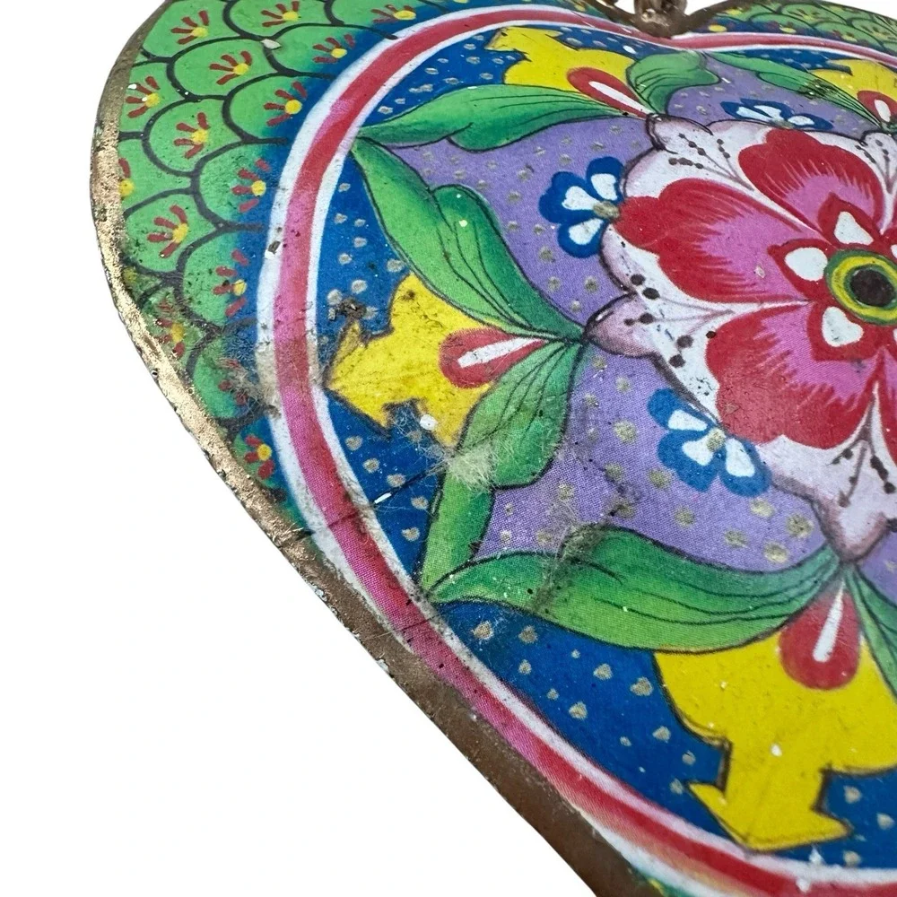 Large Metal Colorful Hand Painted Metal 2 Side 3D Hanging Heart Ornament Boho 4